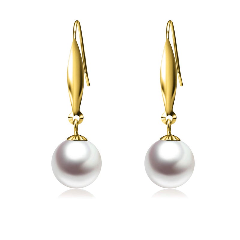 SISGEM 18k Real Yellow Gold Dangle Earrings for Women, Cultured Freshwater Pearl Drop Earring, 8mm (yellow-gold) - Image 1
